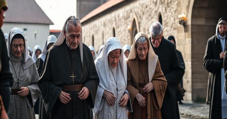 Realistyczne zdjęcie pielgrzymów z niepełnosprawnościami na Jasnej Górze, wspieranych przez wolontariuszy, ukazujące skupienie i pokorę w duchu człowieczej solidarności