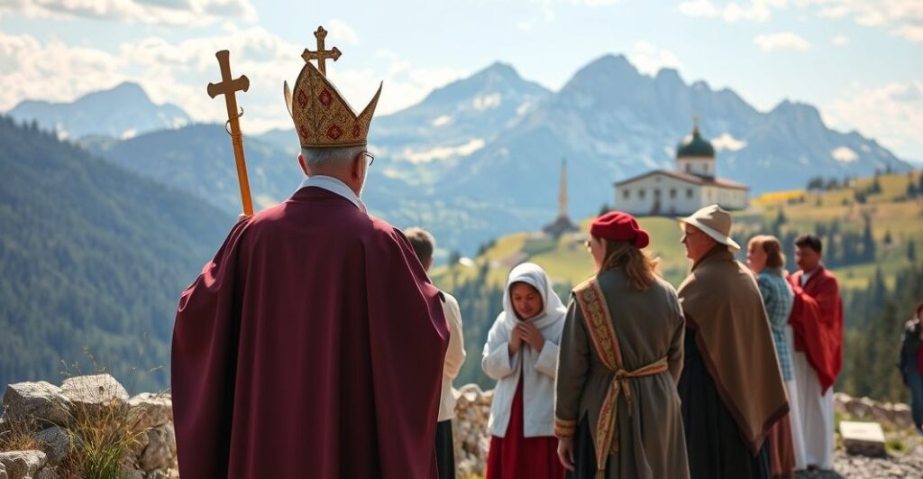 Tradycyjny katolicki kapłan przewodzący pielgrzymce rodzinnej na Jasnej Górze, modlący się w głębokim skupieniu, w otoczeniu wiernych w strojach liturgicznych, ukazujący powagę i pobożność, kontrastując z nowoczesnym modernizmem