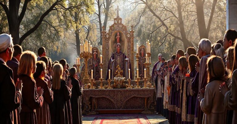 Fotografia realistycznej pielgrzymki katolickiej na Jasnej Górze, ukazująca oddanie wiernych i duchową głębię tradycyjnego kultu Maryi