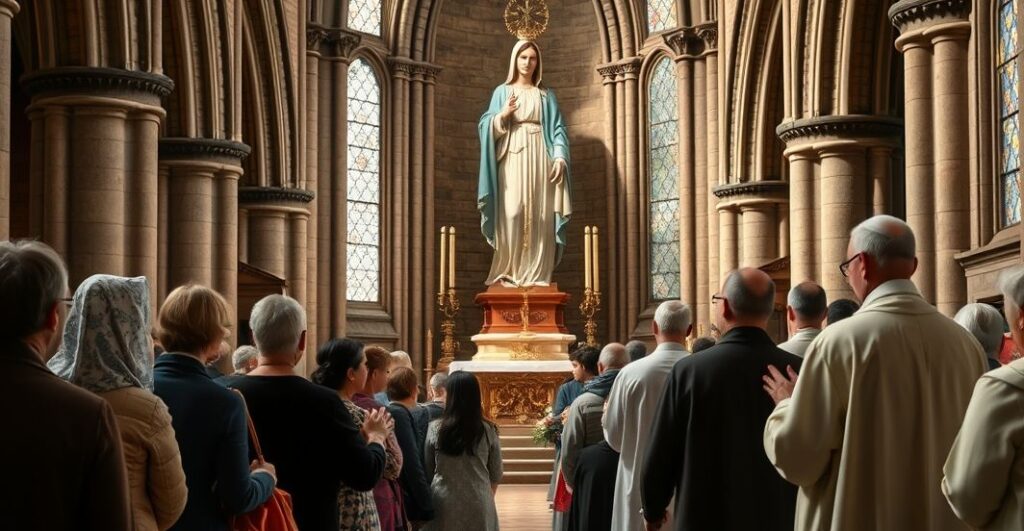 Fotografia realistycznej pielgrzymki katolickiej do sanktuarium z obrazem Matki Bożej, ukazująca modlących się wiernych i kapłana w tradycyjnym stroju w historycznym kościele