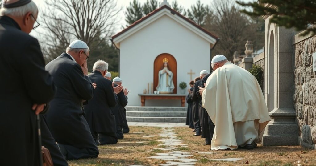 Uczestnicy pielgrzymki katolickiej w modlitewnej atmosferze przed kaplicą, oddający cześć Matce Bożej, w realistycznym, pełnym szacunku ujęciu