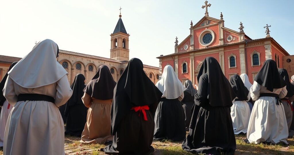 Zdjęcie realistycznej pielgrzymki katolickiej z modlącymi się wiernymi, modlitewnikami i kościołem w tle, oddające duchową głębię i pobożność, w naturalnym świetle.