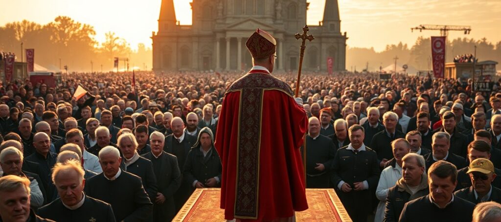 Procesja mężczyzn podczas pielgrzymki do Piekar Śląskich pod przewodnictwem abp. Andrzeja Przybylskiego.