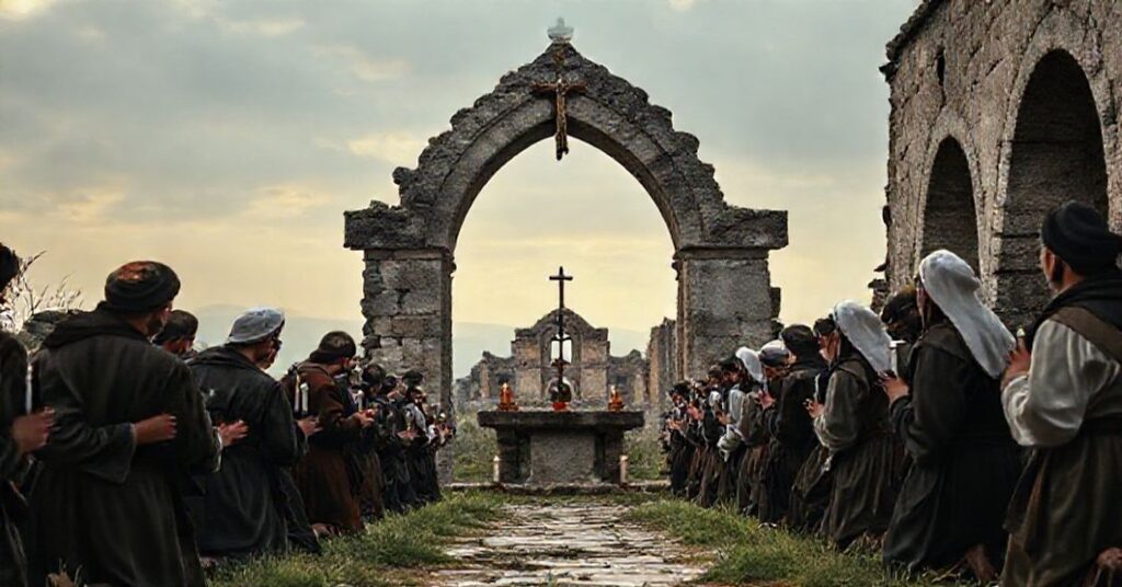 Grupa rolników w tradycyjnych strojach modli się przed kamiennym ołtarzem z krzyżem i świecami na tle zrujnowanej bazyliki.