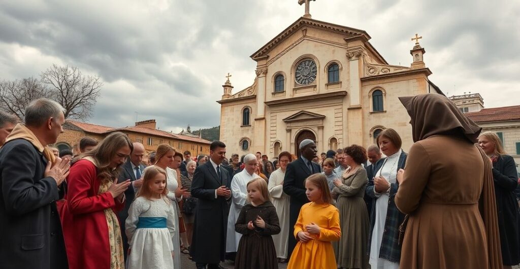 Rekonstrukcja pielgrzymki katolickiej z dzieci i rodzin modlących się przed sanktuarium, ukazująca powagę i wiarę w tradycyjnym stylu