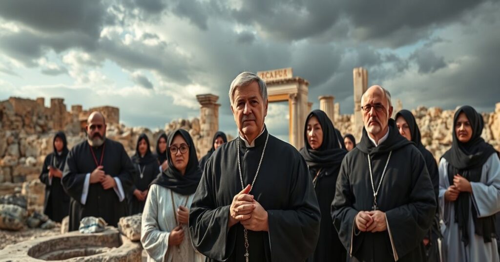 Grupa pielgrzymów przed ruинаmi świętego miejsca w Ziemi Świętej, z troską na twarzach z powodu teologicznych błęдów opisanych w artykule