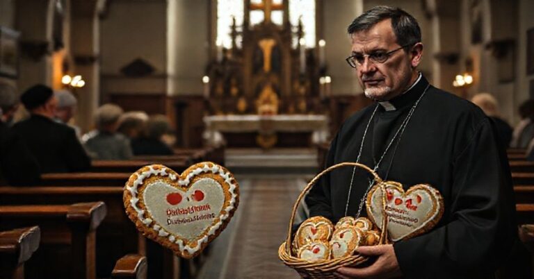 Sobór kościelny w Tarnowie z ołtarzem na tle i traditionaliście chlebami zastąpionymi piernikowymi sercami z logo Caritas podczas Światowego Dnia Ubogich.