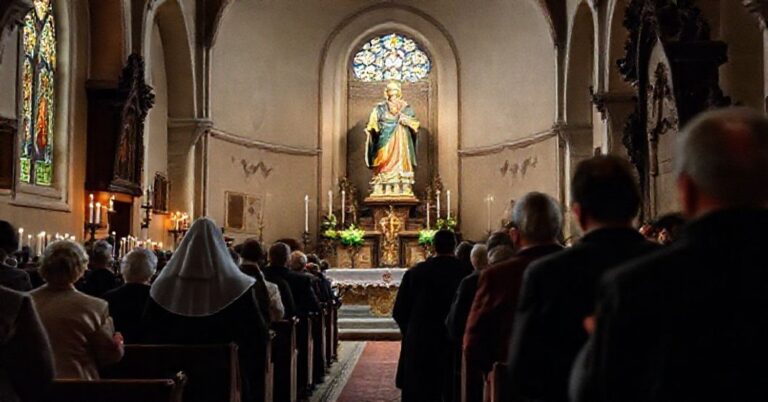 Tradycyjny wizerunek wiernych modlących się przed posągiem św. Mikołaja w kościele w Pierścicach w 2025 roku.