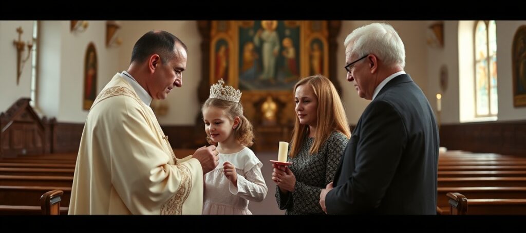 Pierwsza Komunia Święta w tradycyjnym kościele polskim - Lenka otrzymuje Eucharystię od księdza w obecności rodziców Kingi i nieznanego ojca.
