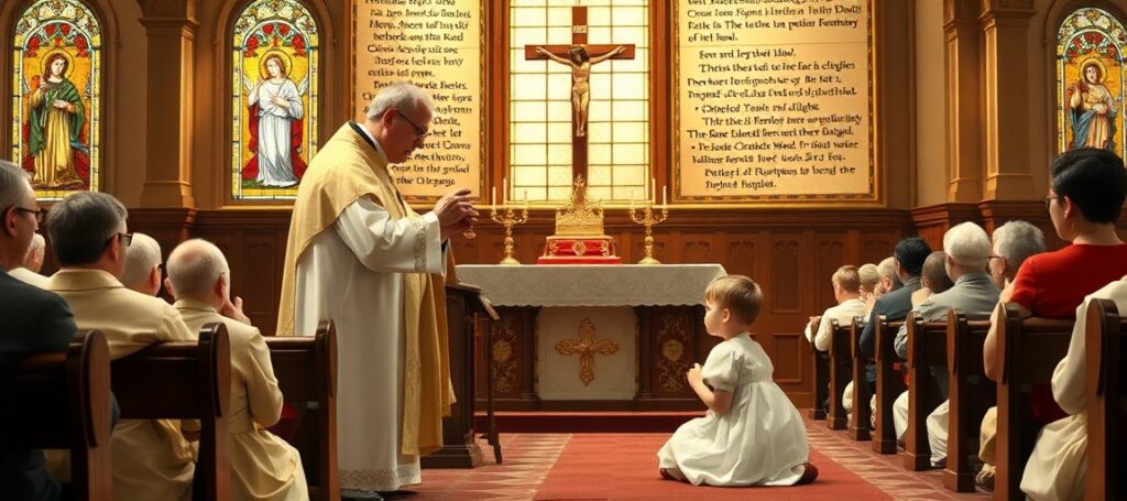 Dziecko podczas pierwszej komunii świętej w tradycyjnym katolickim kościele przedsoborowym z kapłanem w pełnej liturgicznej szacie i zbożną kongregacją modlącą się na kolanach.
