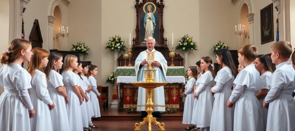 Grupa dzieci w białych strojach pierwszokomunijnych stoi przed ołtarzem w tradycyjnym kościele polskim. Za nimi stoi starszy ksiądz w tradycyjnych szatach liturgicznych trzymający monstrancję z Najświętszym Sakramentem. Kościół jest ozdobiony kwiatami i świecami, a blisko stoi figura Matki Boskiej.