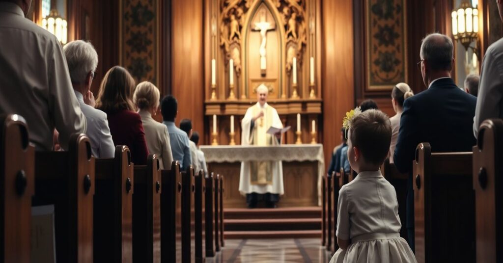 Tradycyjna Pierwsza Komunia Święta w kościele katolickim z dzieckiem klęczącym przed ołtarzem