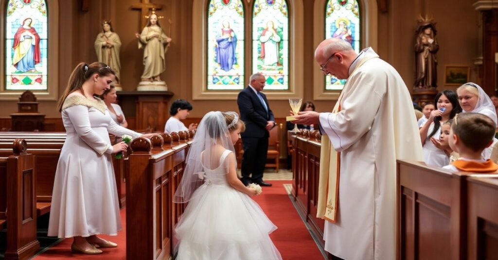 Dziewczynka w białej sukience przyjmuje Pierwszą Komunię Świętą w tradycyjnym kościele katolickim z ważnie wyświęconym księdzem.