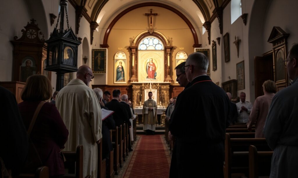 Wnętrze tradycyjnego kościoła katolickiego w Rawie Mazowieckiej podczas liturgii greckokatolickiej. Na pierwszym planie ksiądz Oleh Baranych prowadzi nabożeństwo w obrządku wschodnim.