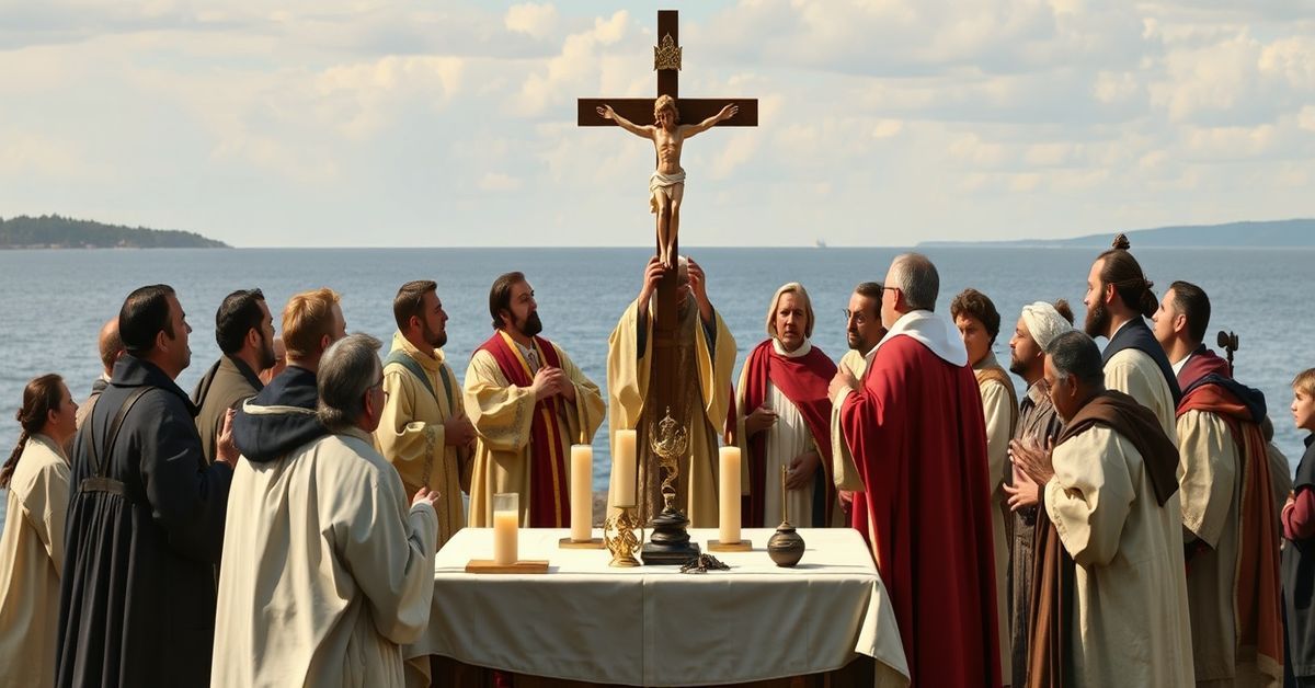 Uroczysta msza tridentyńska na wyspie św. Klemensa w 1634 roku z udziałem jezuitów i wierzących katolików
