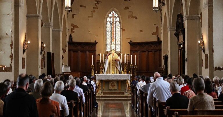 Sobór Tridentyński Msza święta w powodziowym kościele franciszkańskim z wiernymi w modłach.