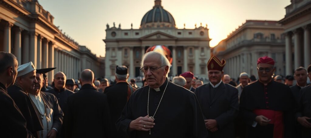 Wizerunek placu św. Piotra z widokiem na bazylikę św. Piotra w Watykanie. Na pierwszym planie grupa wiernych modlących się katolików w tradycyjnych strojach. W tle ekran wyświetla obraz Roberta Prevosta jako fałszywego Leona XIV i kardynała Konrada Krajewskiego jako arcybiskupa łódzkiego.