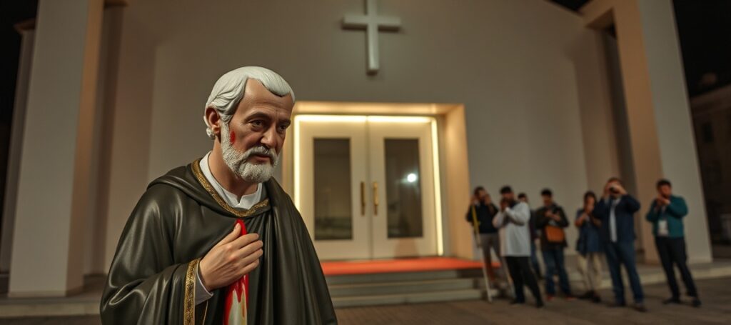 Plastikowa figurka Pio z Pietrelciny z rzekomo krwawą łzą na policzku w Casalbie we Włoszech – symbol fałszywego cuda w strukturach okupacyjnego Watykanu