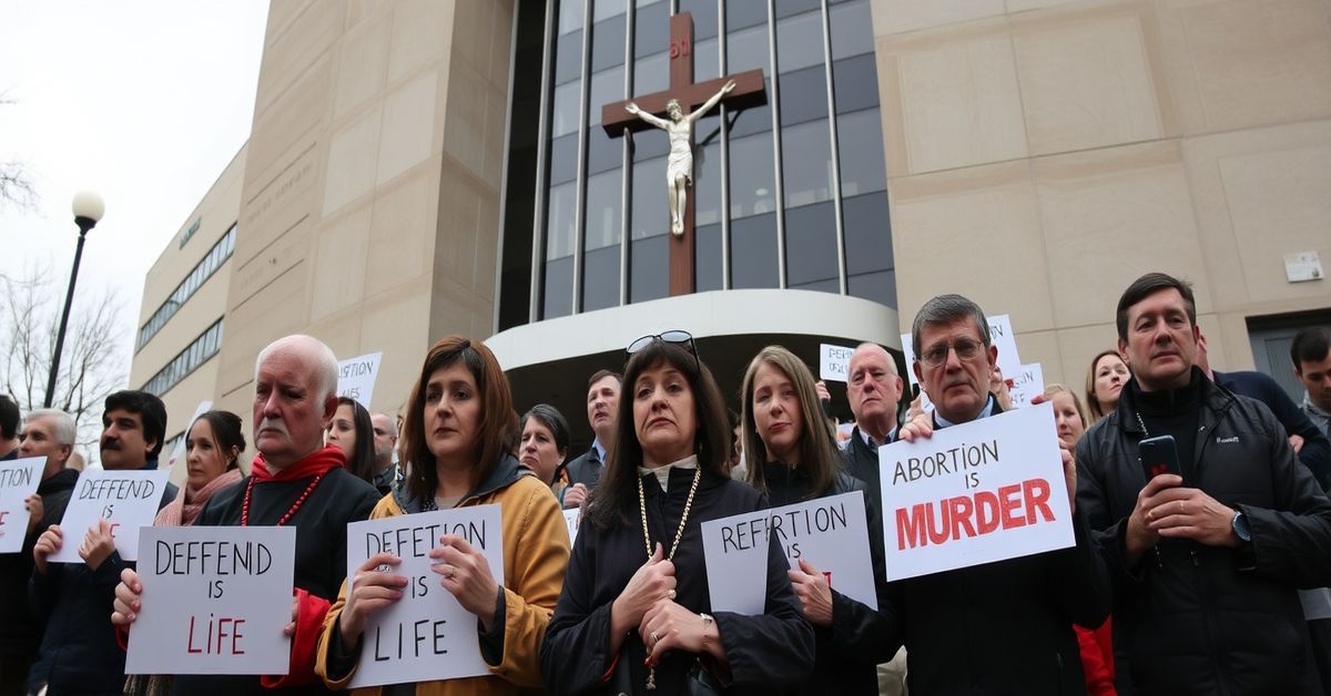 Pikiety przeciw aborcji w Lubaniu - obrona życia od poczęcia Grupa katolickich manifestantów modli się przed kliniką aborcyjną w Lubaniu, trzymając różańce i transparenty z napisem 'Obronić życie'