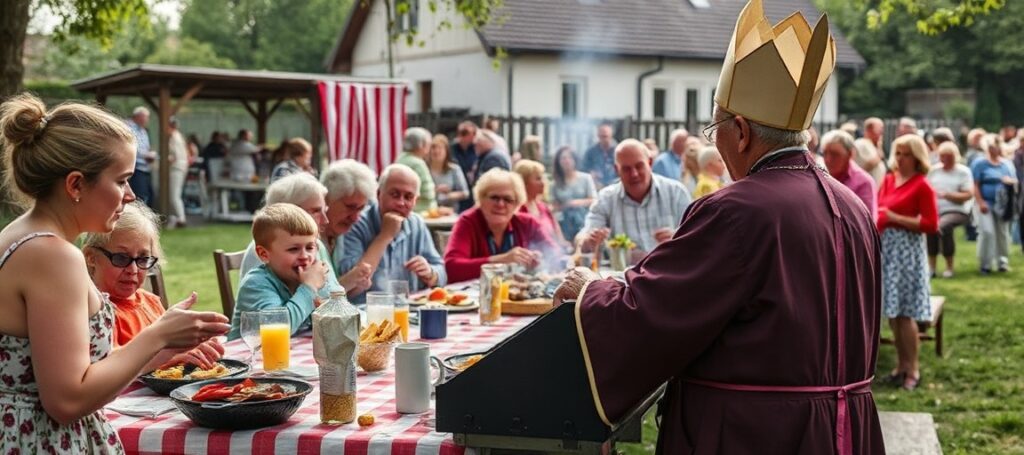 Scena rodzinnego pikniku na parafii Najświętszej Maryi Panny Nieustającej Pomocy w Bydgoszczy z udziałem „biskupa” Krzysztofa Włodarczyka.