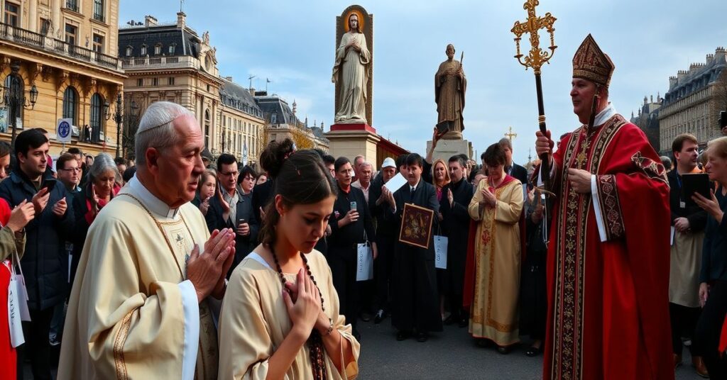 Pilgrzymka Pro-Life w Paryżu: Tysiące wiernych modlący się za życie na tle historycznej architektury z dominującym wizerunkiem Najświętszego Serca Jezusa