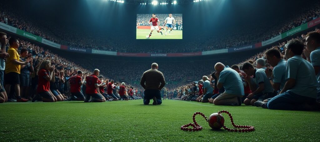 Obraz przedstawiający stadion piłkarski jako miejsce kultu quasi-religijnego, gdzie kibice traktują mecz jako zastępstwo dla prawdziwej wiary.