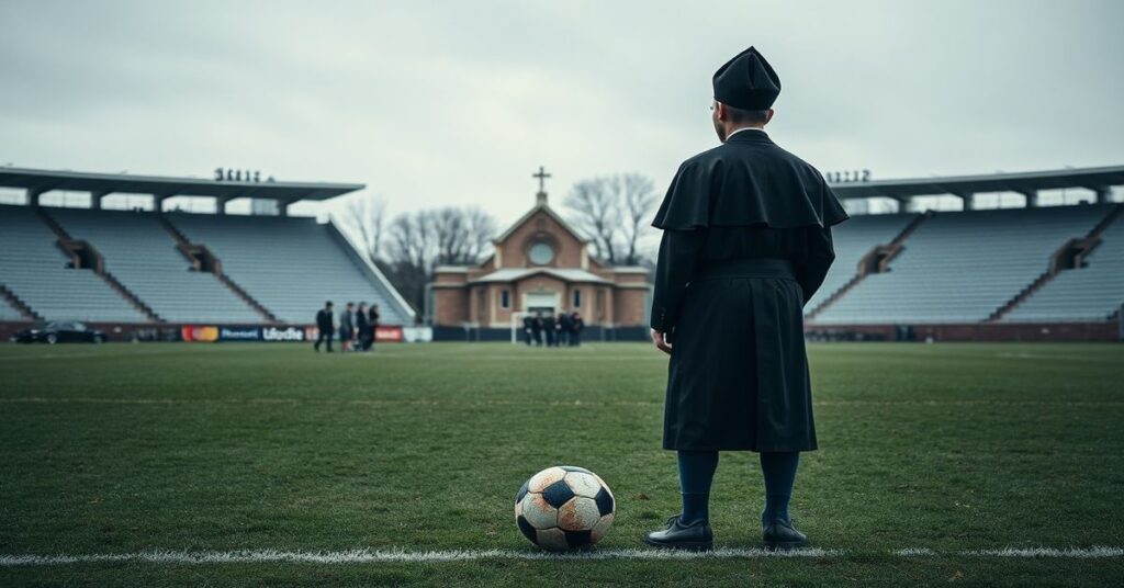 Pusty stadion piłkarski w Łodzi z symbolizującym duchową pustkę boiskiem i porzuconą piłką. W tle widoczny jest cieniutki biskup w nowoczesnych ornatach obok zerwanego ołtarza.