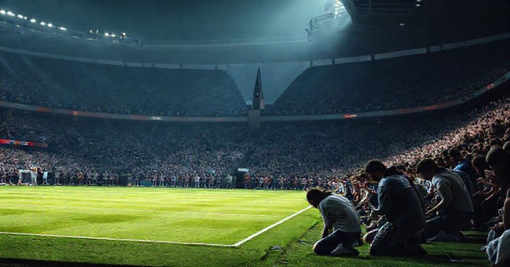 Zdjęcie symbolizujące współczesne bałwochwalstwo podczas meczów piłkarskich, z wiernymi modlącymi się przed boiskiem.