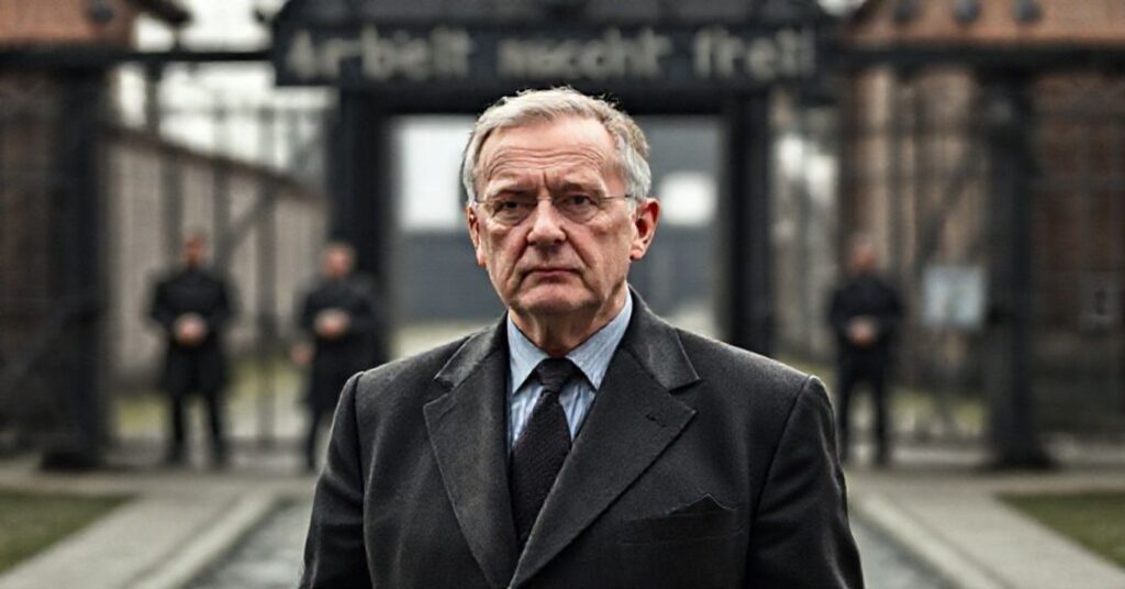 Portret Piotra Cywińskiego przed bramą Auschwitz z napisem 'Arbeit macht frei', symbolizujący sprzeczność między pamięcią świecką a prawdą nadprzyrodzoną