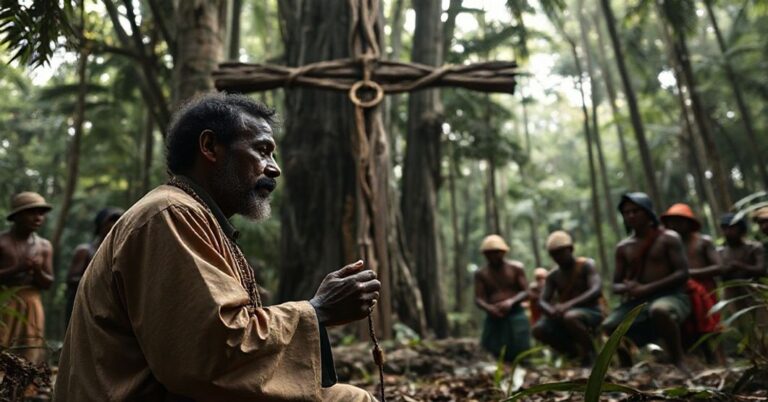 Tradycyjny katolicki przedstawienie Piotra To Rota modlącego się w dżungli z rodzimymi mieszkańcami Papui-Nowej Gwinei.