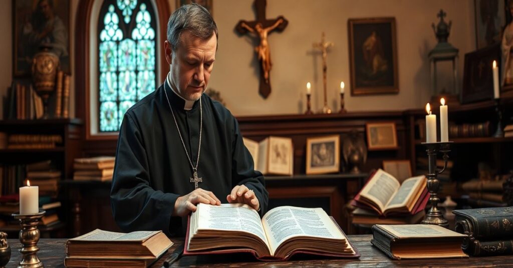 Tradycyjny katolicki przybytek z księdzem w sutannie czytającym Pismo Święte, otoczonym starożytnymi przedmiotami religijnymi.