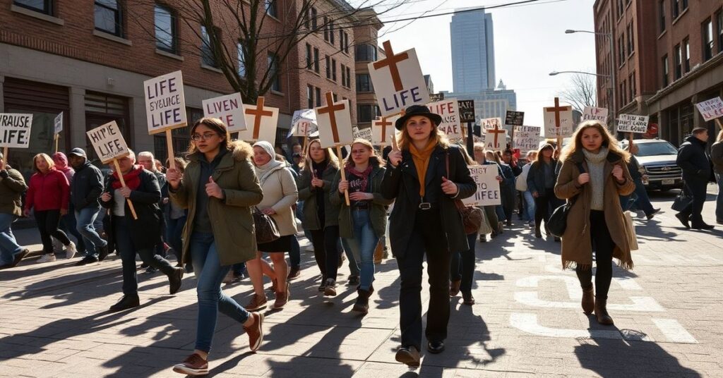 Zdjęcie przedstawiające pierwszą Marsz dla Życia w Pittsburghu w 2026 roku. Młodzi ludzie marszują po dzielnicy Oakland z krzyżami i transparentami pro-life.