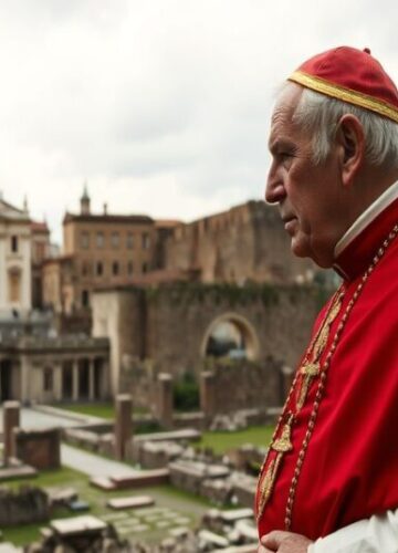 Pius XII - Ostatni papież czy symbol soborowej rezygnacji? Stary Pius XII w tradycyjnych papieskich szatach stoi w ruinach Rzymu, patrząc w kierunku kościoła Santa Maria in Vallicella.