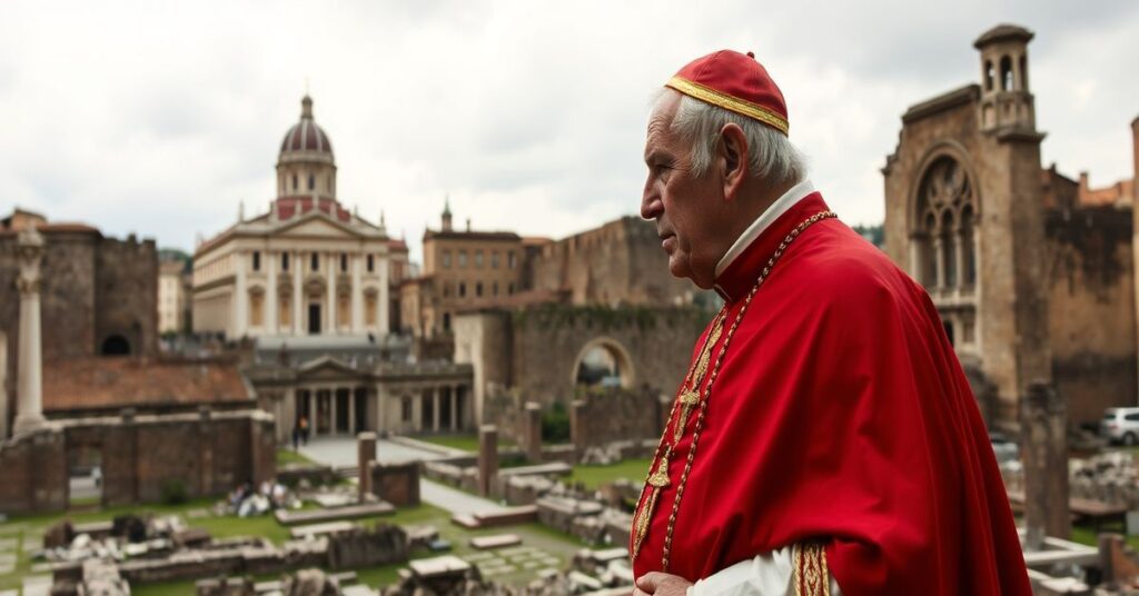 Stary Pius XII w tradycyjnych papieskich szatach stoi w ruinach Rzymu, patrząc w kierunku kościoła Santa Maria in Vallicella.