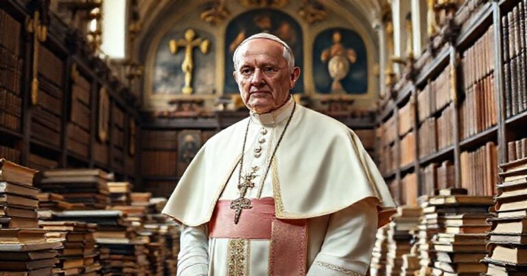 Portret Papieża Piusa XII w tradycyjnym ubraniu papieskim stojącego w Bibliotece Watykańskiej otoczonego dokumentami historycznymi.