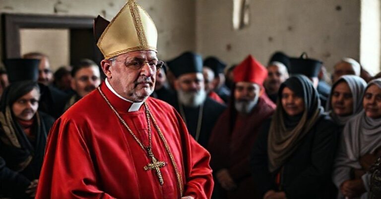 Obraz przedstawiający Pseudokardynała Pizzaballę w Detroit podczas ekumenicznej wizyty z chrześcijanami Ziemi Świętej.