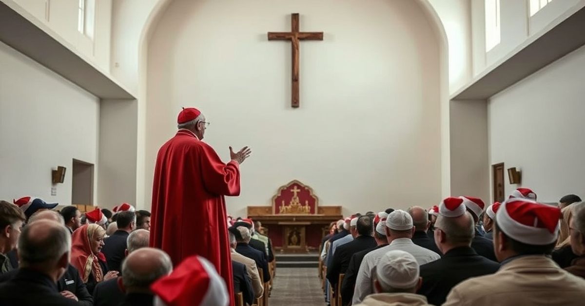 Soboringa scena w pseudo-katolickim koście św. Rodziny w Gazie podczas wizyty modernistycznego "kardynąła" Pizzaballi. W tłumie widoczni chrześcijanie i muzułmanie w swieckim otoczeniu bez tradycyjnych katolickich symboli.