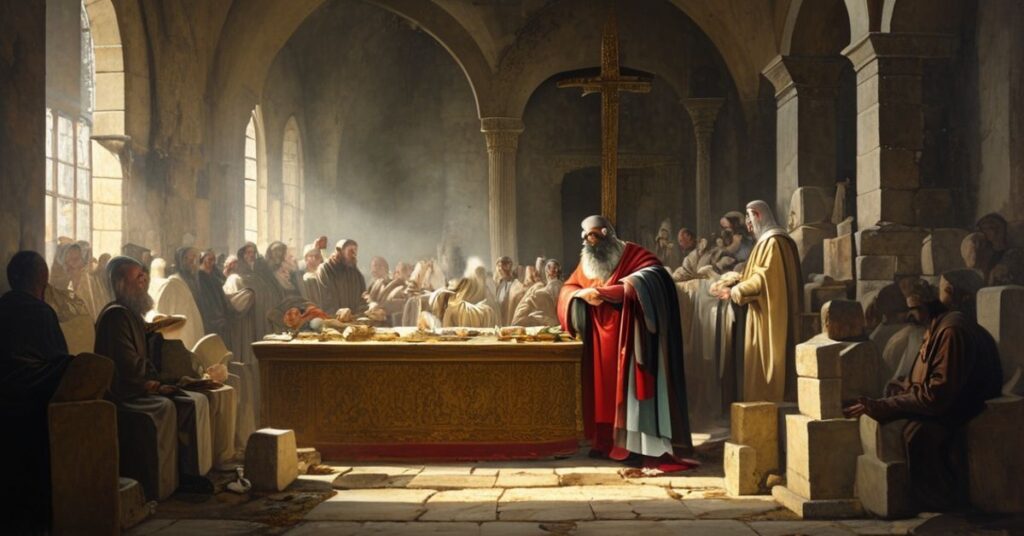 Obraz przedstawiający fałszywe nauczanie "kardynała" Pizzaballi o Ziemi Świętej jako "sakramencie ziemi"