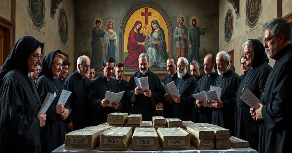 Zabytkowa kościelna scena przedstawiająca grupę katolików w kaszkach i wiernych zaniepokojonych paczkami pomocowymi PKWP. Tło ukazuje blaknący fresk Trójcy Świętej zasłonięty symbolami świeckimi.