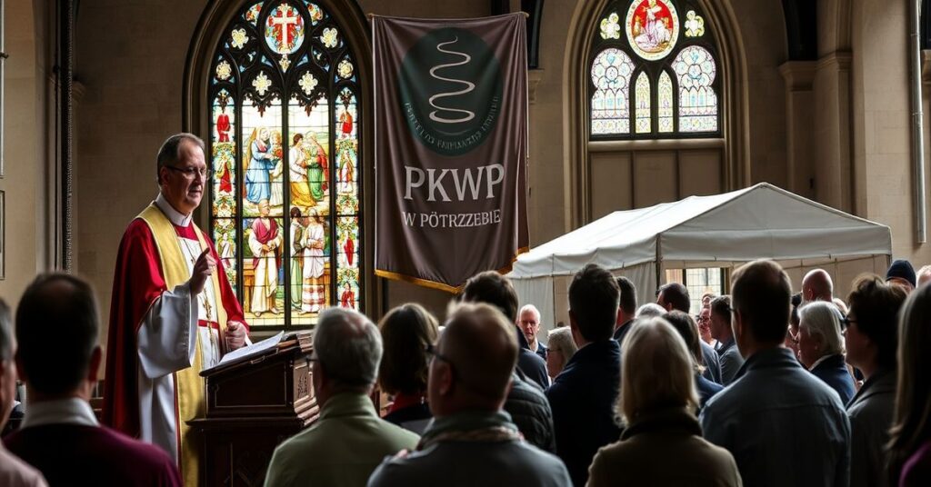 Ks. dr hab. Jan Zelazny stoi przed congregacją w tradycyjnej szacie liturgicznej, z tradycyjnym kościołem katolickim jako tło.