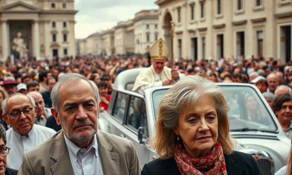 Uroczysta scena na Placu św. Piotra podczas audiencji generalnej 7 maja 2026 roku. Fałszywy papież Leon XIV (Robert Prevost) widoczny w popemobile wśród tłumu katolików. Atmosfera jest ponura podczas grania kontrowersyjnej piosenki 'Dancing Queen' grupy ABBA w tle, co wywołuje uczucie profanacji i apostazji.