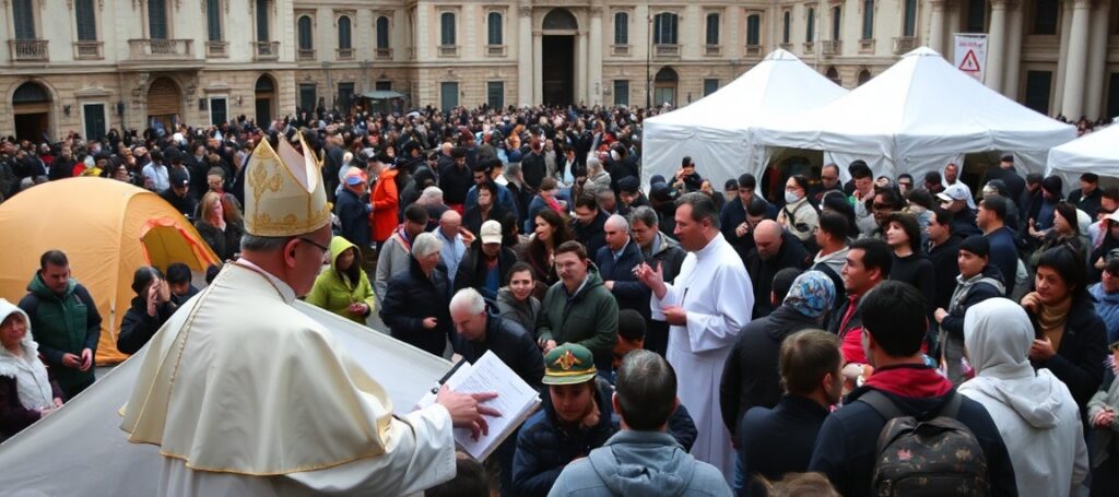 Widok Placu św. Piotra z tłumnem ubogich ludzi i abp. Marínem de San Martínem rozdającym pergaminy z błogosławieństwami.