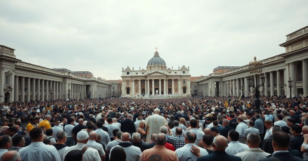 Plac św. Piotra w 2026 roku podczas orędzia Urbi et Orbi uzurpatora Leona XIV. Tłumy zgromadzone na modlitwę o pokój bez odniesienia do Chrystusa Króla.