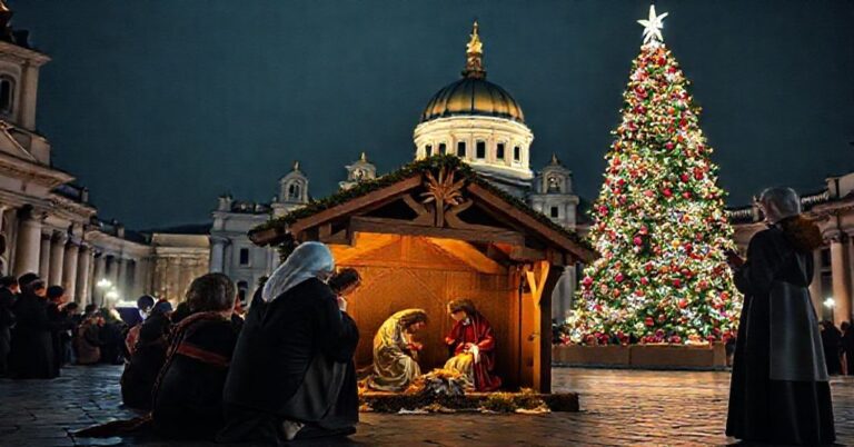 Scena na Placu Świętego Piotra z tradycyjną szopką i neonową choinką, symbolizującą konflikt między prawdziwą wiarą katolicką a nowoczesną herezją.