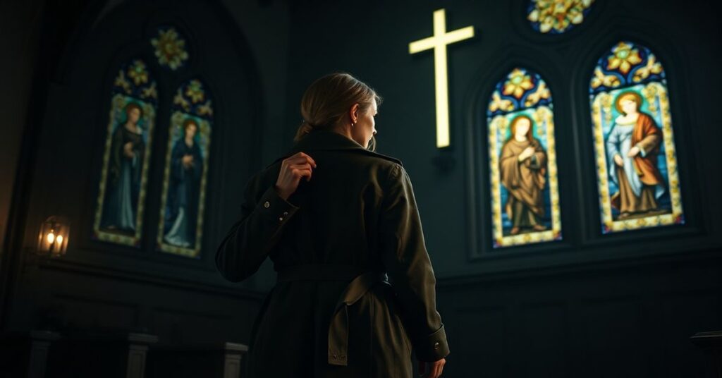 Młoda kobieta w tradycyjnym katolickim stroju trzyma płaszcz modowy przed kościołem.