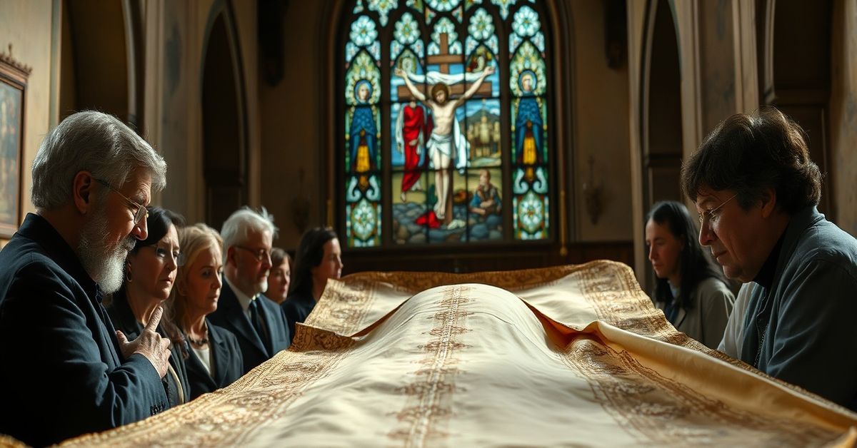 Kultowy obraz Chrystusa na płótnie turyńskim w tradycyjnym kościele katolickim z grupą naukowców i badaczy skupionych wokół relikwii