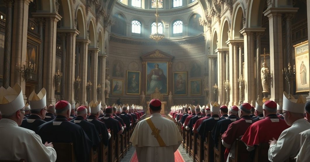Zebranie biskupów w katedrze z okazji 402 Plenarnego Zebrania Konferencji Episkopatu Polski. Scena ukazuje biskupów w liturgicznych szatach, ale z elementami modernistycznej agendy.