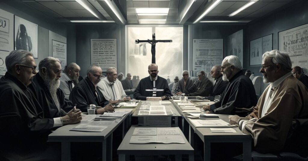 Konferencja biskupów w Warszawie dyskutujących o 'parafii przyszłości' w modernistycznym, biurokratycznym otoczeniu