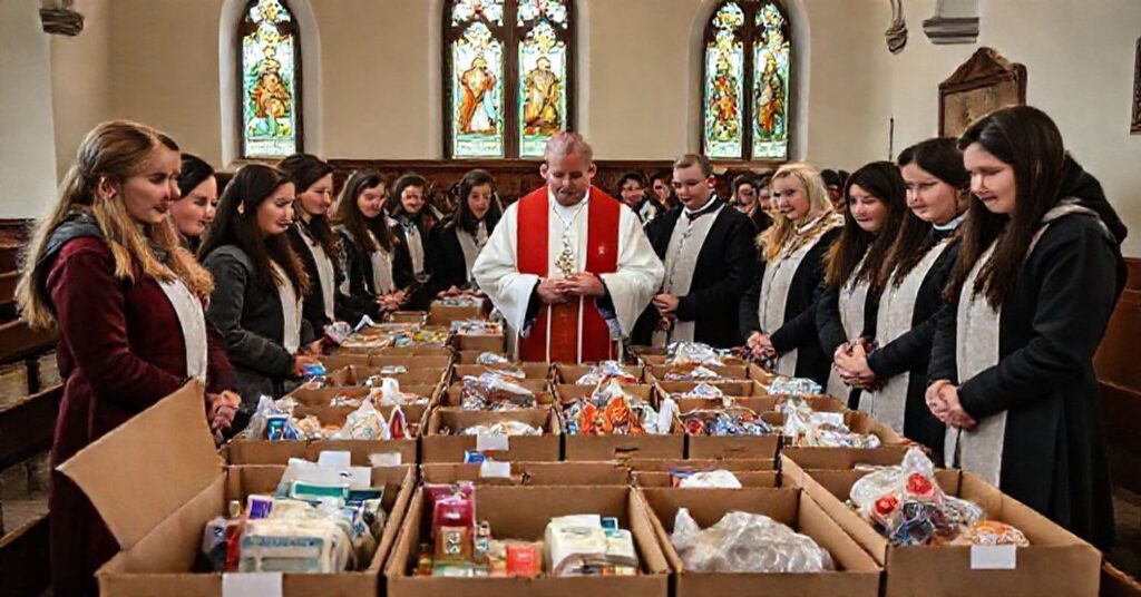 Tradycyjne katolickie wydarzenie charytatywne w Płocku. Młodzi ludzie z katolickich szkół pakują paczki pomocy dla Polaków na Wileńszczyźnie pod okiem kapłana w tradycyjnych szatach liturgicznych.