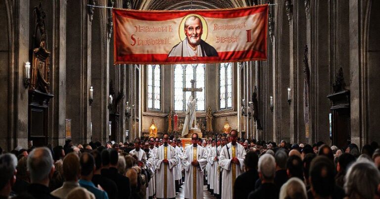Pogrąbiona procesja katolicka w tradycyjnych szatach liturgicznych pod banerem z Janem Pawłem II, z rzeźbą "Bł. Jerzego Popiełuszki" i krzyżem w tle.